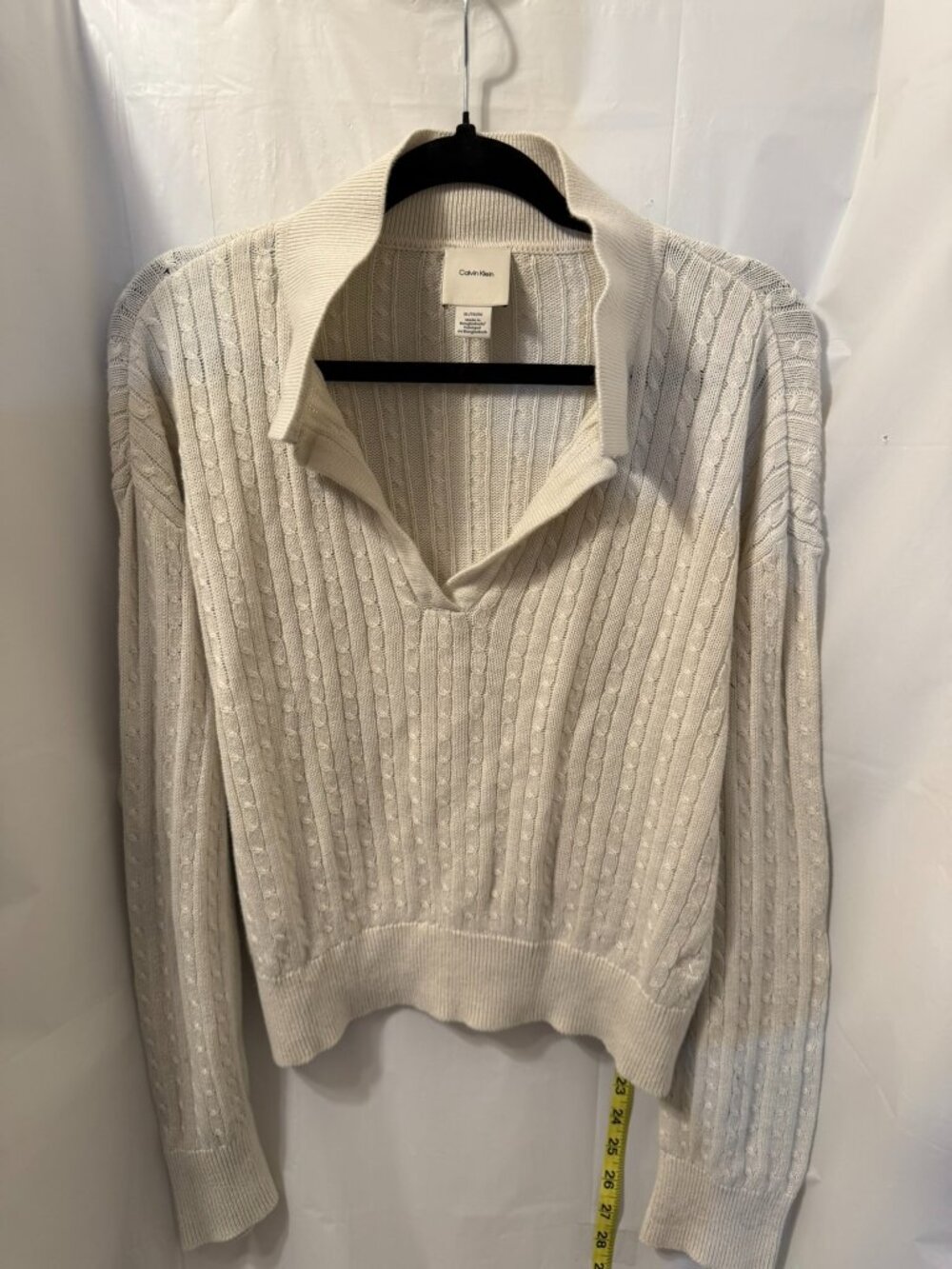 Calvin Klein Cream Cable Knit V-Neck Polo Sweater XL